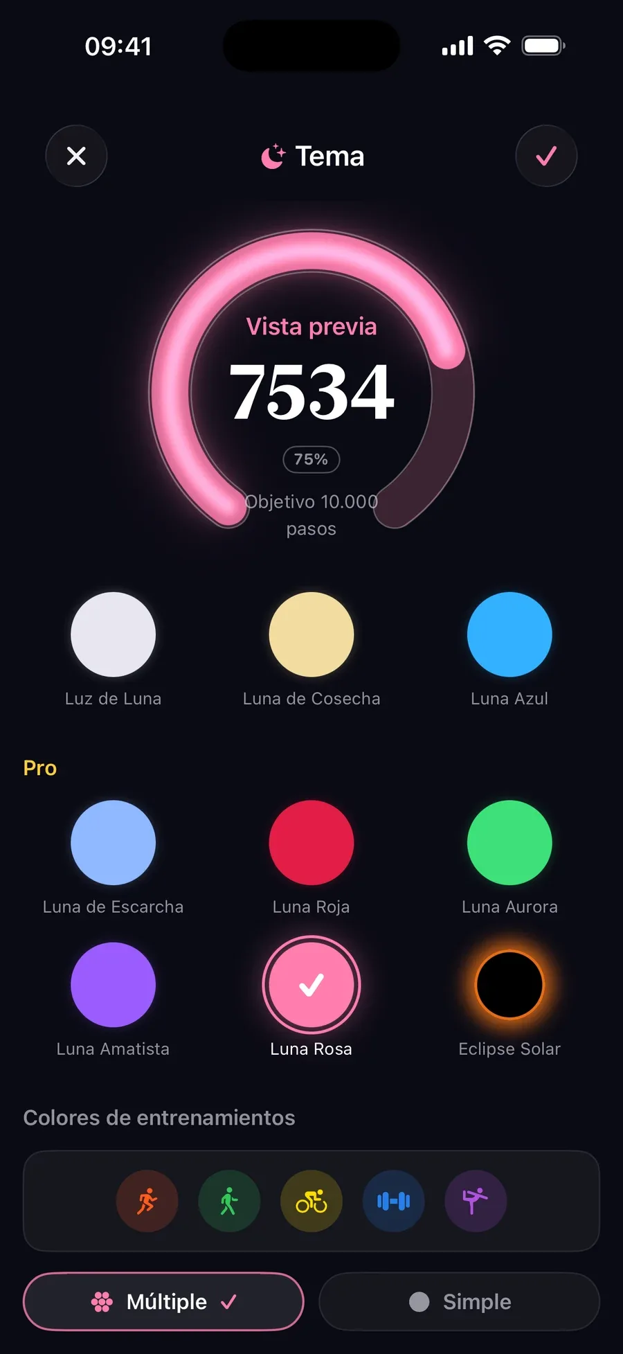 Selector de tema con un anillo rosa que muestra 7.534 pasos