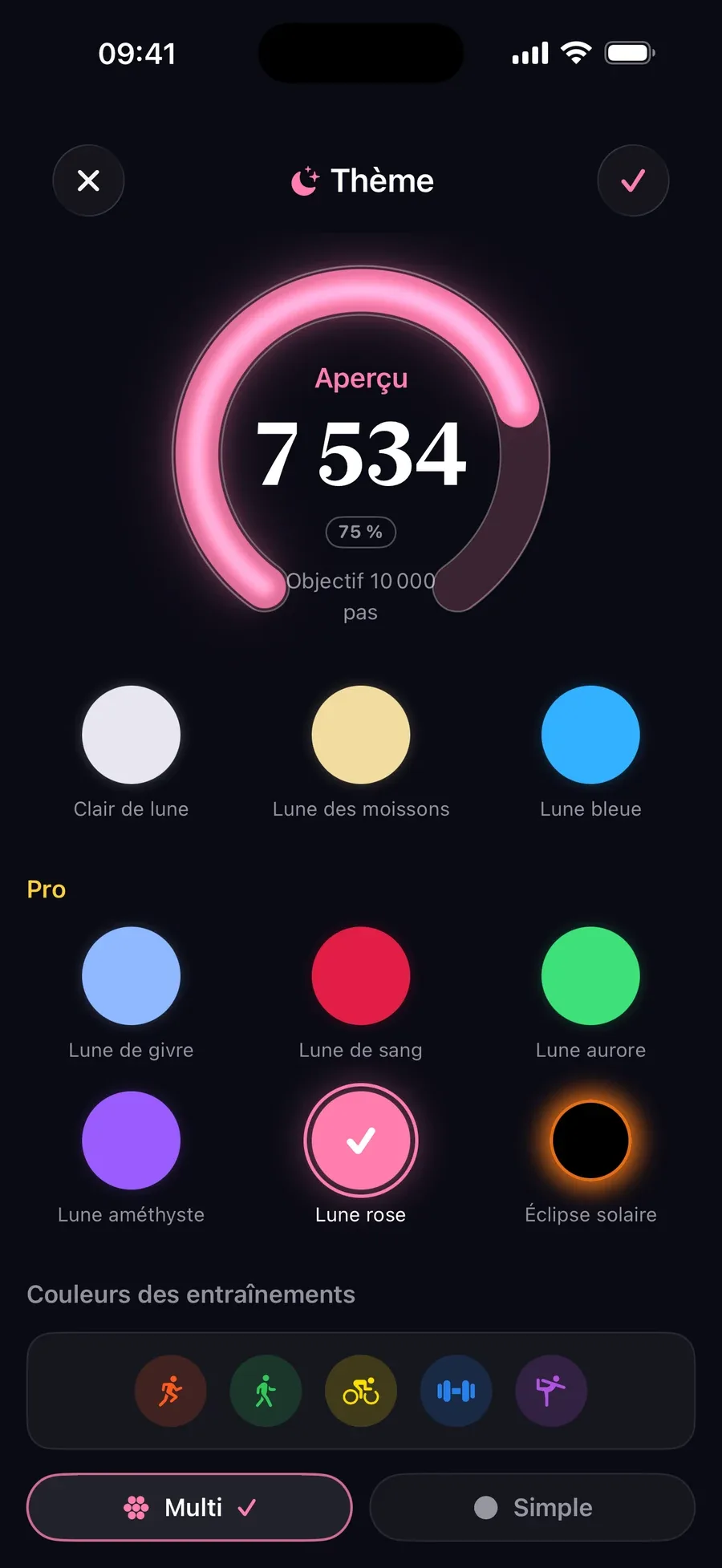 Sélecteur de thème avec un anneau rose prévisualisant 7 534 pas
