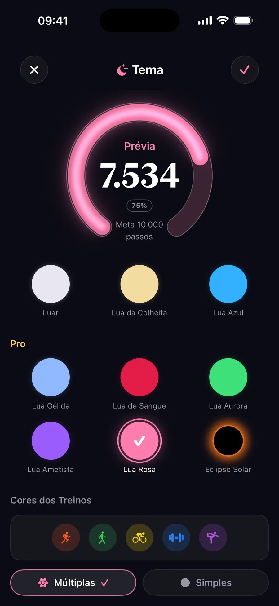 Seletor de tema com um anel rosa mostrando 7.534 passos