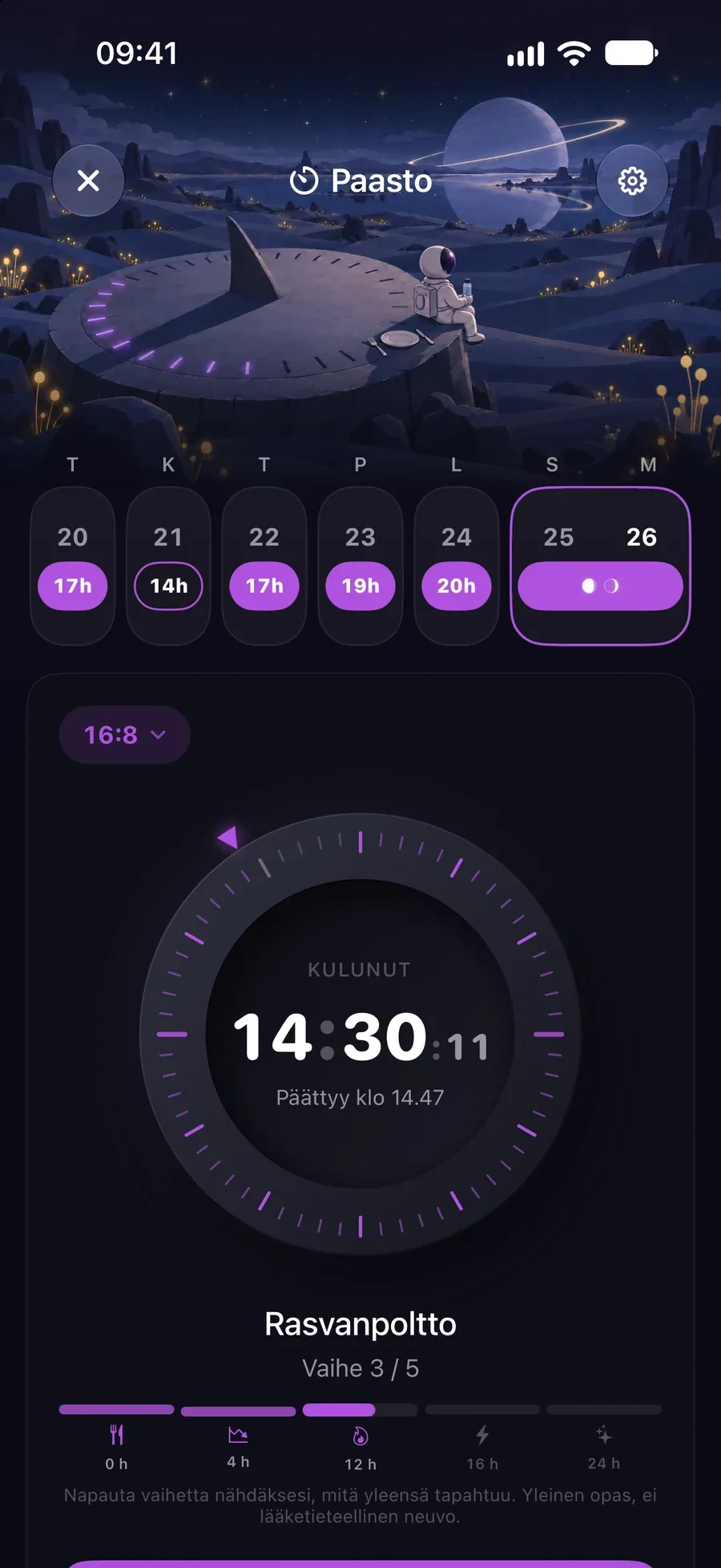 Paastoajastin 14 h 30 min kohdalla 16:8-paastossa, rasvanpolttovaiheessa