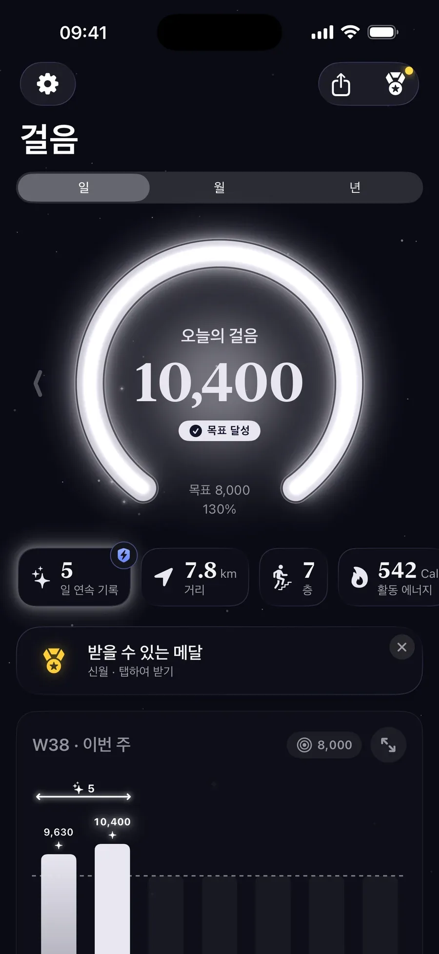 Step Step 홈 화면: 목표 8,000걸음 중 10,400걸음을 보여 주는 빛나는 링, 목표 달성, 5일 연속 기록
