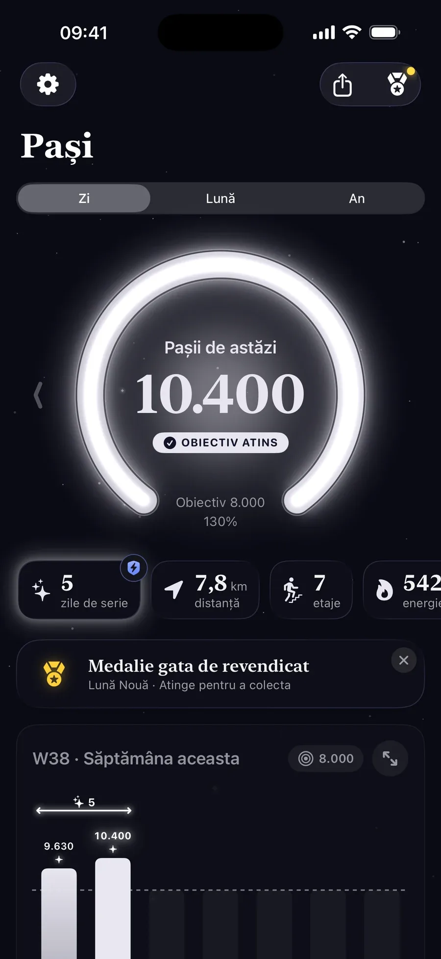Ecranul principal Step Step: un inel luminos cu 10.400 din 8.000 de pași, obiectiv atins, cu o serie de cinci zile