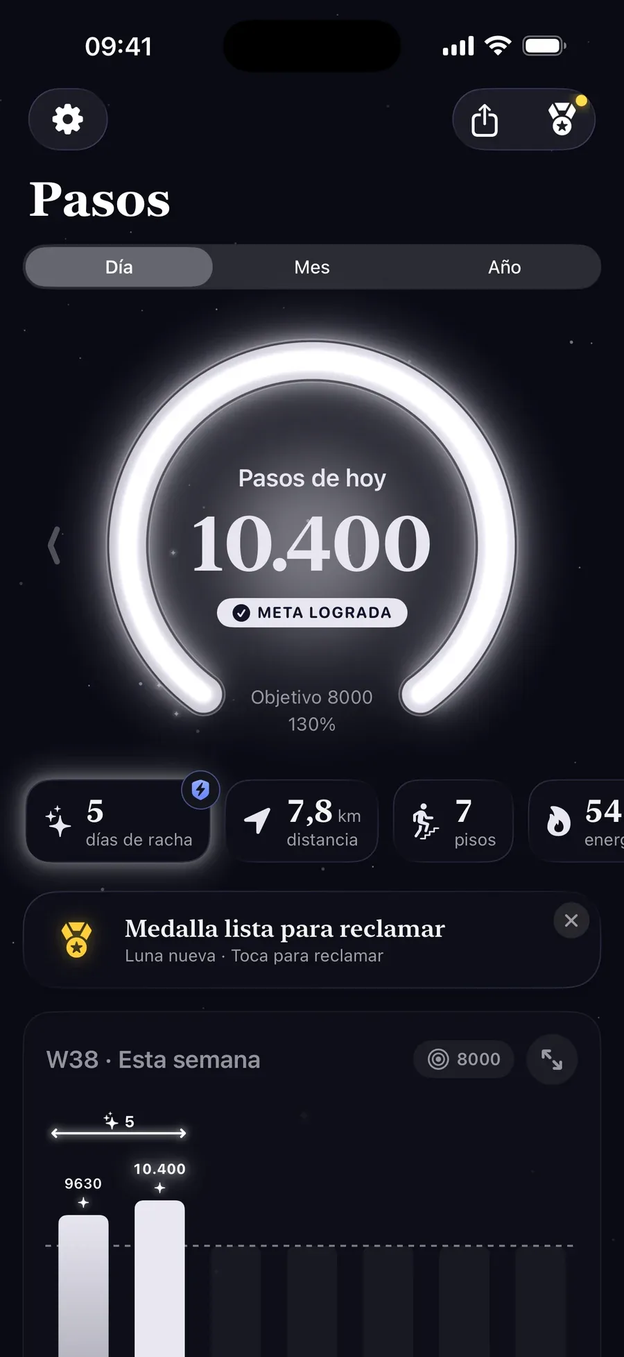 La pantalla de inicio de Step Step: un anillo brillante con 10.400 de 8.000 pasos, meta lograda, y una racha de cinco días
