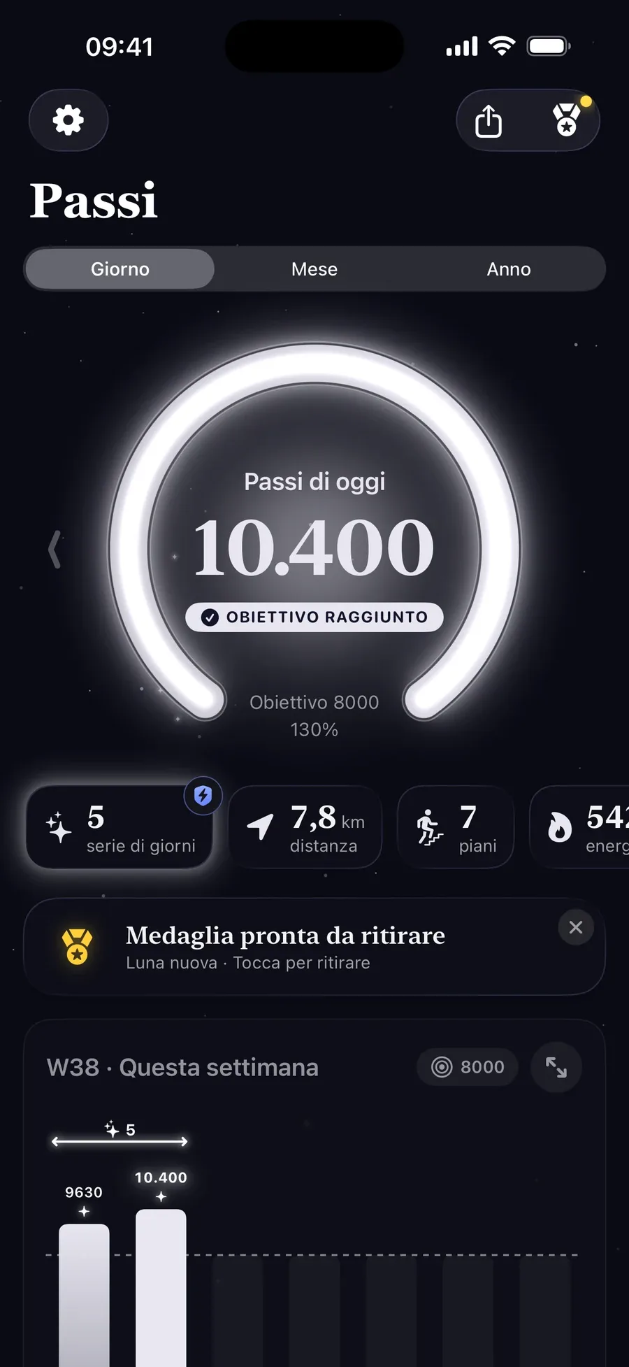La schermata principale di Step Step: un anello luminoso con 10.400 passi su 8.000, obiettivo raggiunto, e una serie di cinque giorni