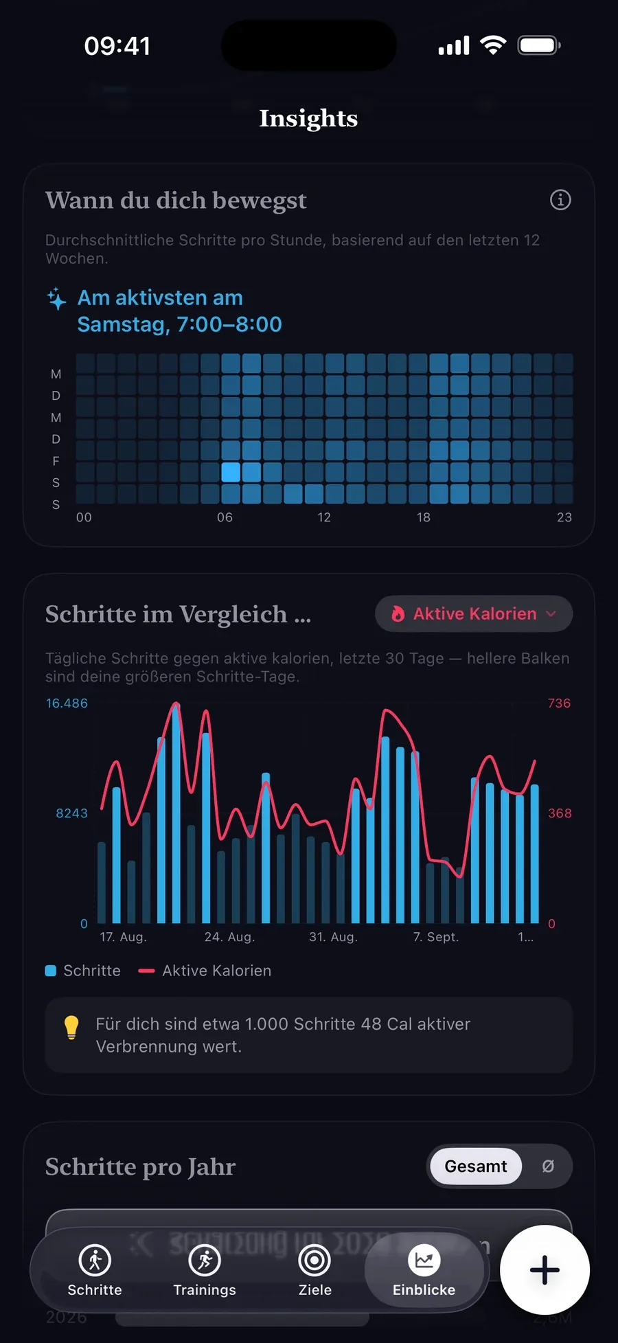 Heatmap deiner Bewegung, mit Samstagmorgen als aktivster Zeit