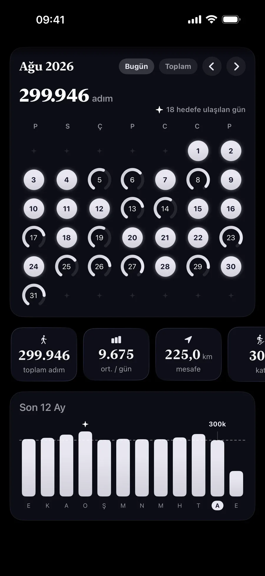 Tamamlanan günleri yanan bir aylık adım halkaları, aylık toplam 299.946 adım
