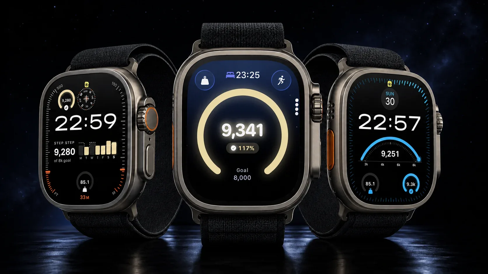 ثلاث ساعات Apple Watch Ultra تعرض Step Step: واجهة معيارية بمضاعفات الخطوات، وحلقة هدف 9,341 خطوة، وواجهة بمقياس للخطوات