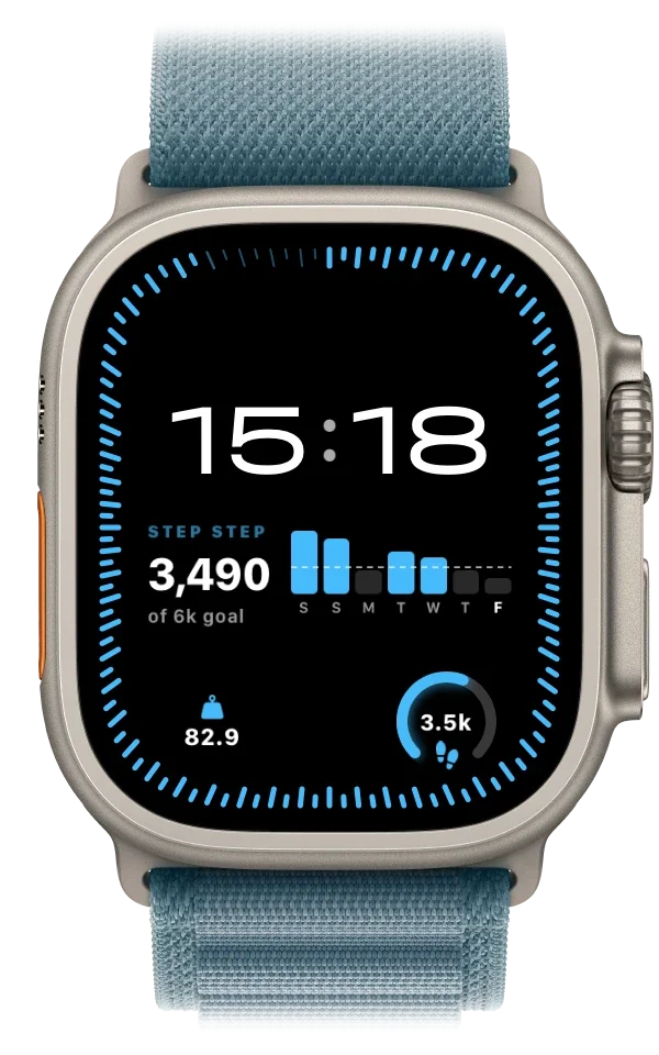 واجهة Apple Watch بمضاعفات Step Step للخطوات والوزن والأسبوع