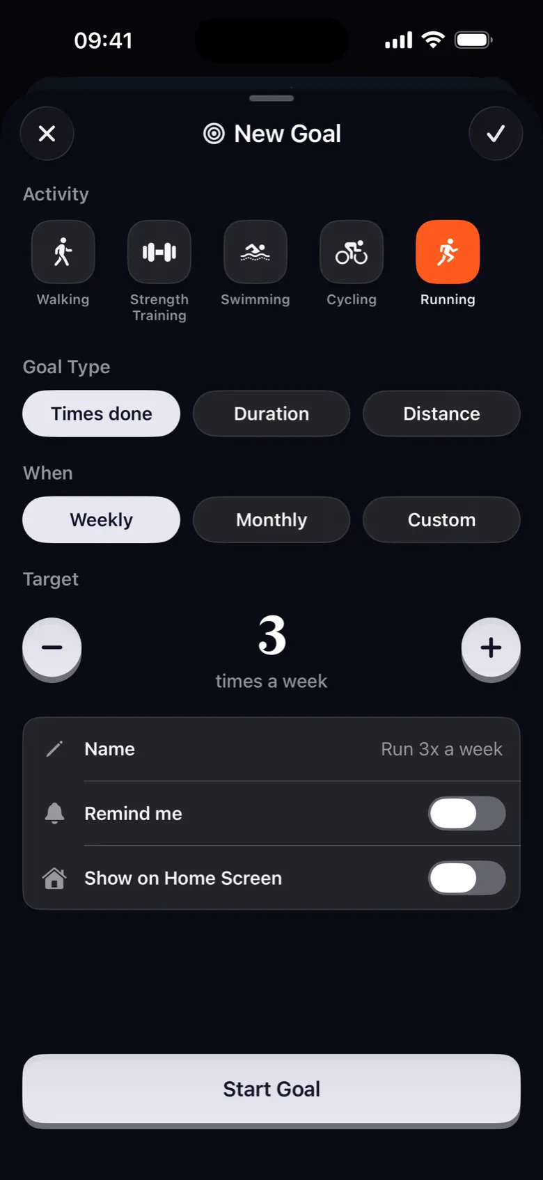 Step Step new goal sheet: run three times a week, with a reminder
