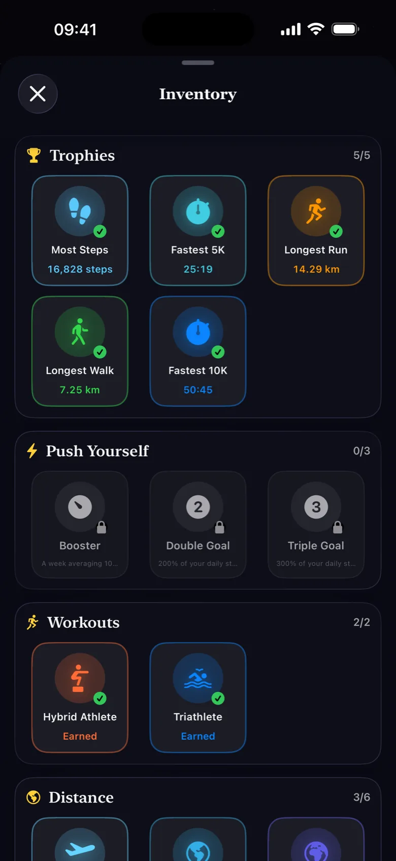 Step Step trophy inventory showing earned and locked challenge medals
