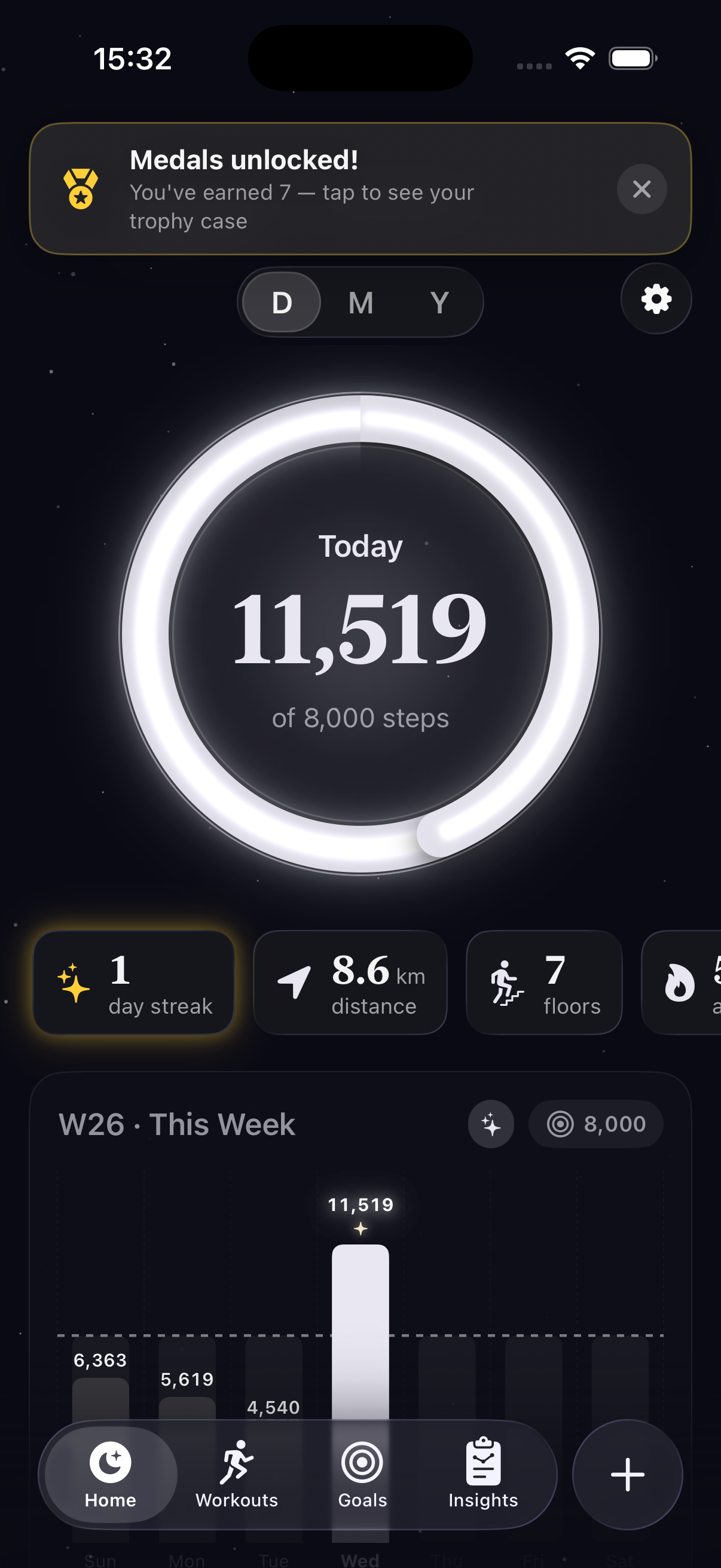 Step Step home screen showing a glowing step ring and weekly chart